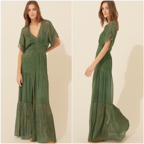 Ba&sh Wanda Maxi Dress Green Metallic Herringbone - Picture 1 of 10